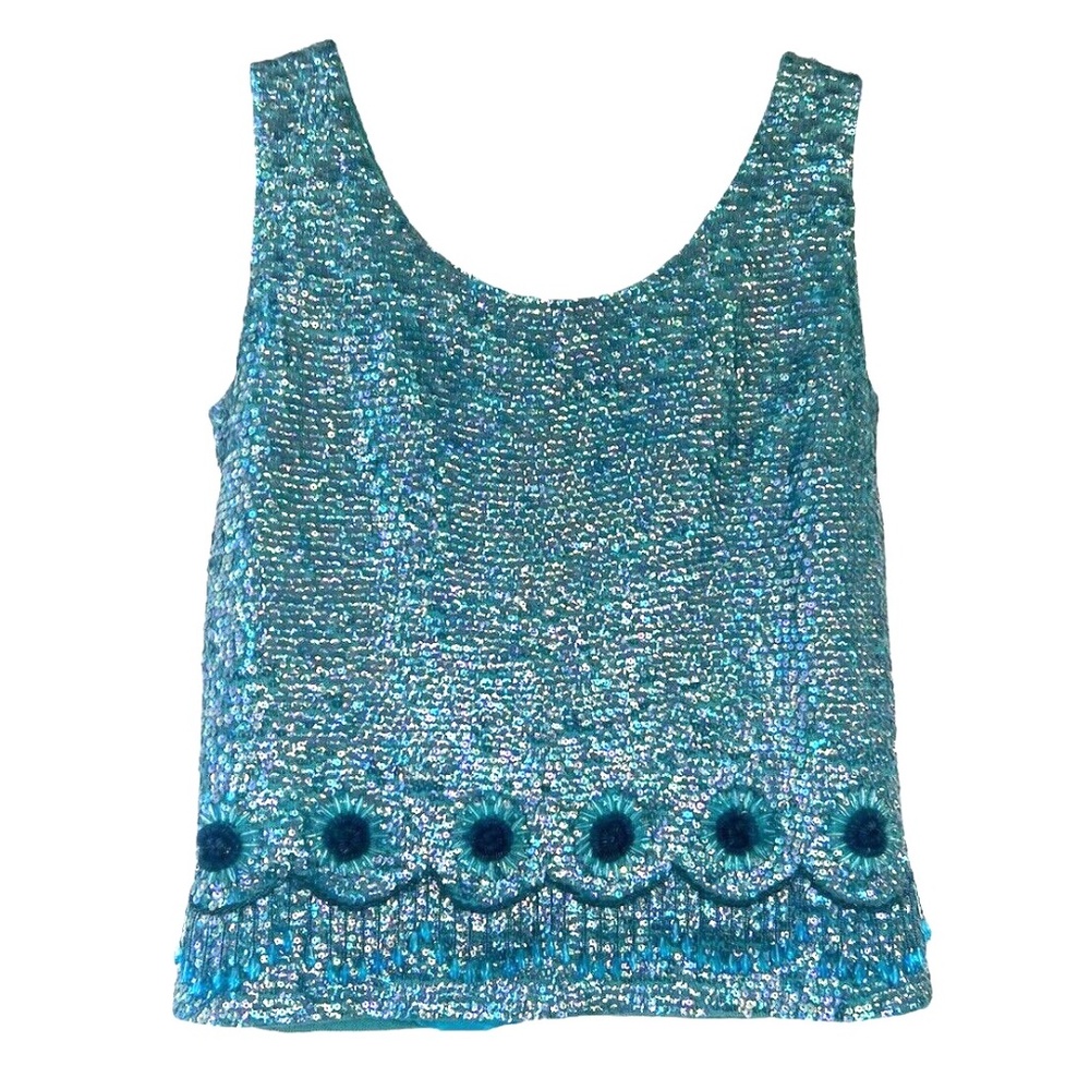 Vintage Turquoise 60s Sequin Beaded Knit Shimmy Cocktail Party Top